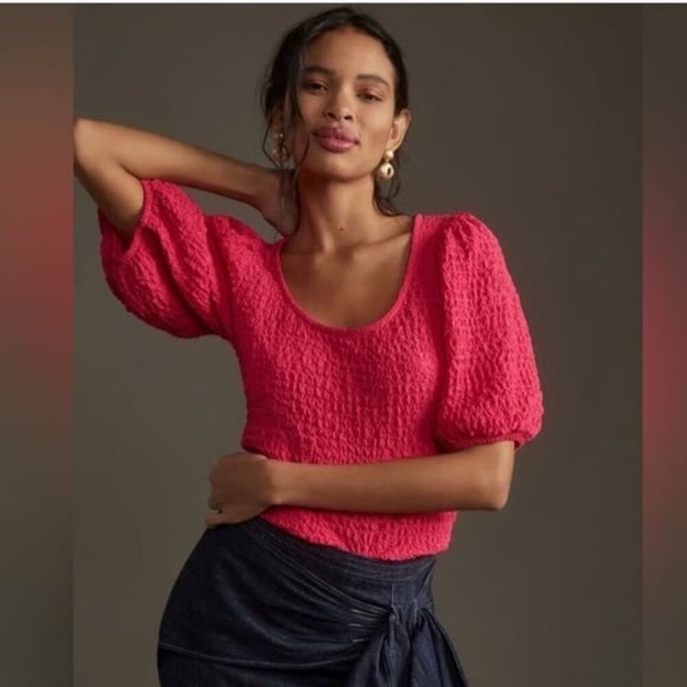 Anthropologie Maeve Balloon Sleeve Scoop Neck Textured Top XS Coquette Dainty